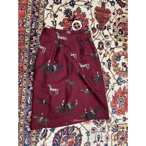 Pauw Amsterdam Burgundy Wool Silk Blend Skirt Horse Equestrian Hunt Print Size S